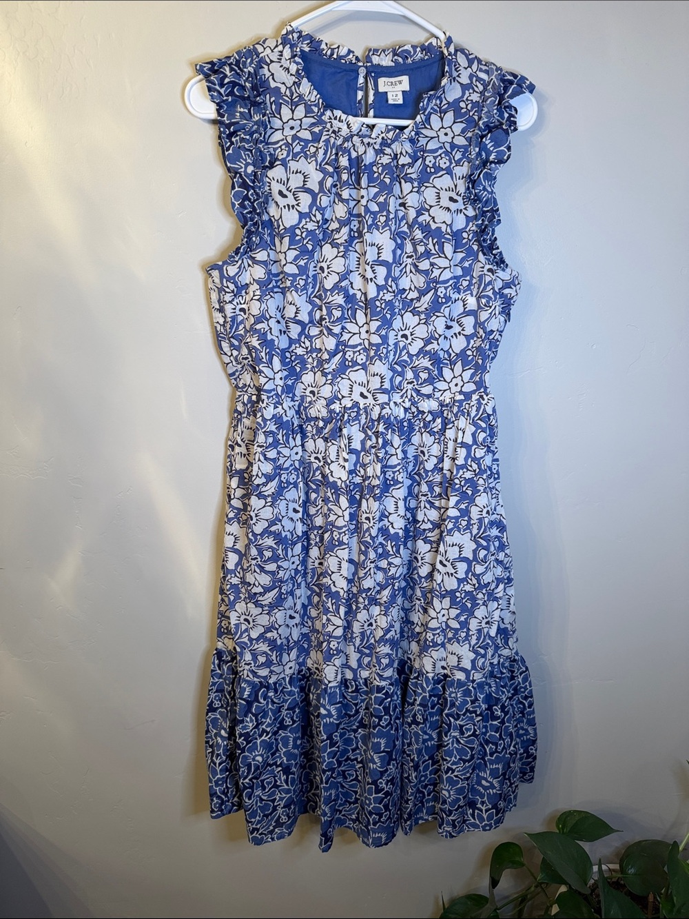 J. Crew Blue & White Floral Ruffle Sleeve Midi Dress